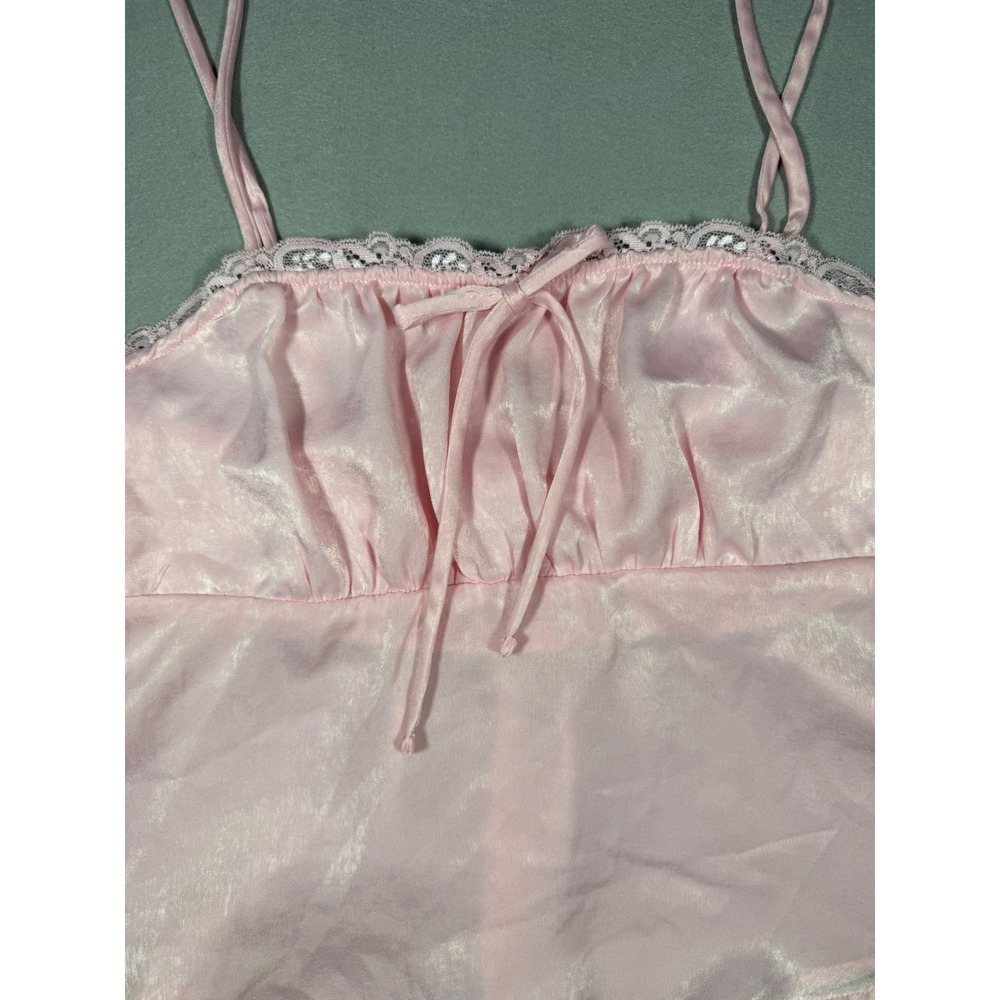 Coquette Pink Satin Lace Trim Camisole Top Smocked Back Peplum Babydoll Cami Med - Picture 3 of 7
